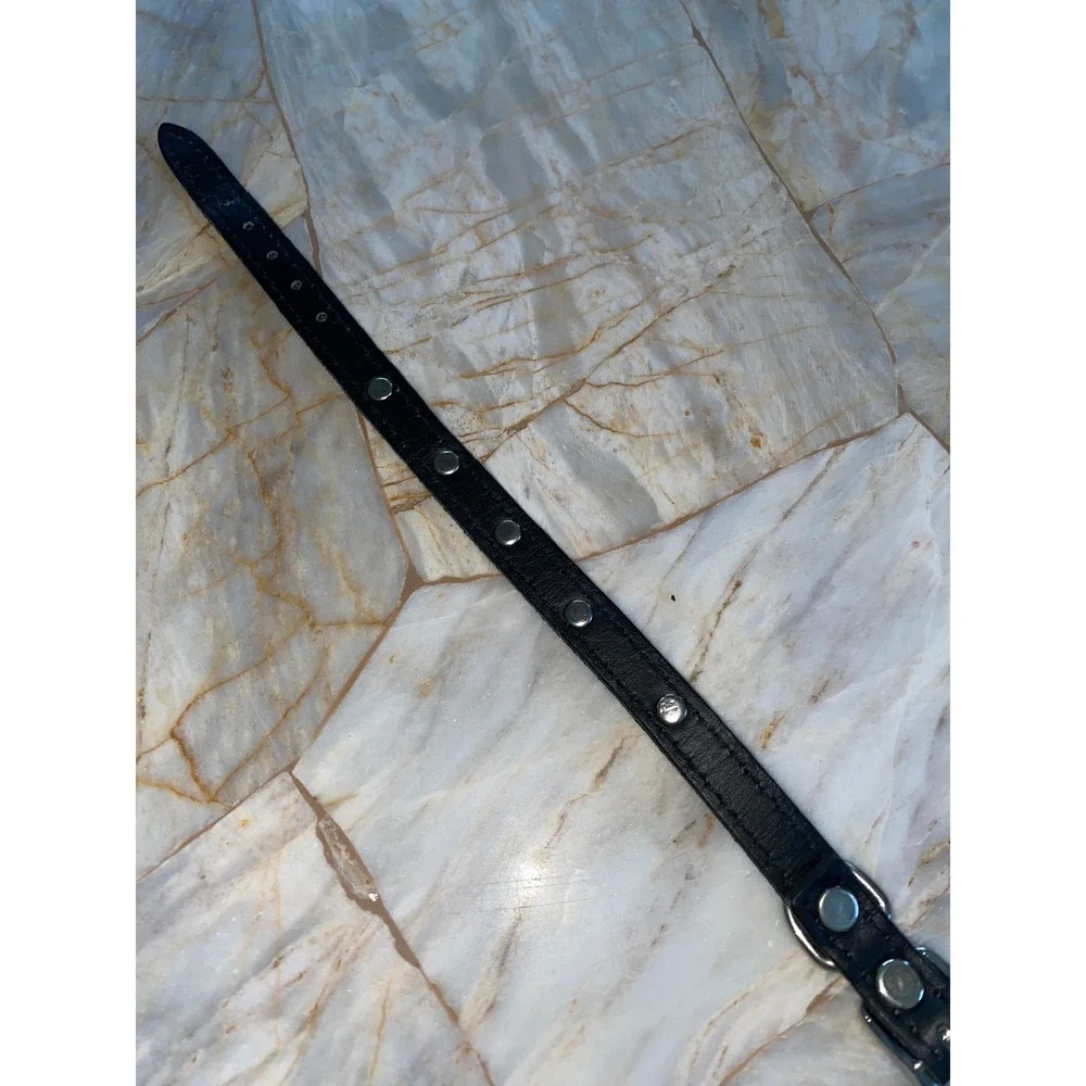 Black Faux Leather Pet Collar Silver Dog Bone Studded Adjustable Small 12 Inch